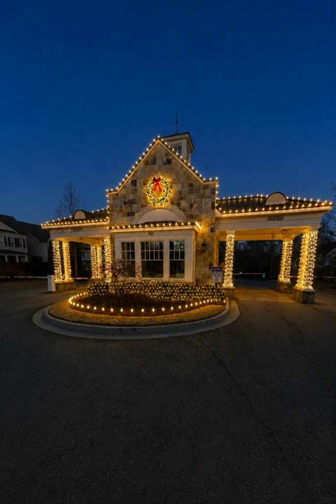 Vertical view of an entrance building decorated with warm white roofline lights, wrapped columns, and a wreath